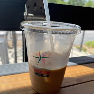 Iced latte with chocolate sauce