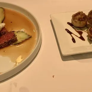 Pepper Seared Ahi Tuna and Lamb Potstickers - Tamarind ' Ketchup '