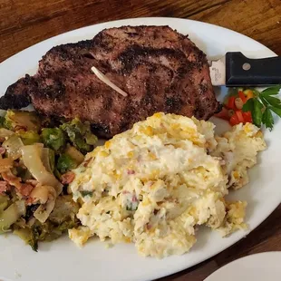 12oz ribeye,  brussel sprouts,  baked potato salad