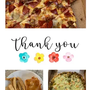 Fish and Chips, Pepperoni, ham, &amp; sausage pizza Shrimp and Pesto pizza