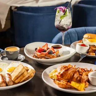 The metropolitan breakfast sandwich, Lemon Mascarpone French Toast, The meeker, the metropolitan breakfast plate, espresso shot, cappuccino