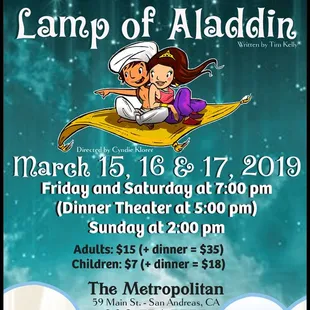 The Magical Lamp of Aladdin, March 15-17, 2019. Off The Wall Youth Theatre Troupe.