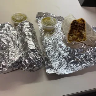 Breakfast burritos. Chorizo, potato and egg with salsa. They're small but also priced accordingly