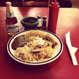 Medium Plate - a classic! 2 tacos, rice, beans, enchiladas, and a hand rolled tamale