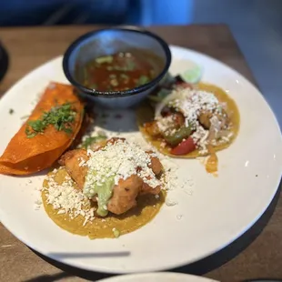 Birria Taco w/ consume, Baja Fish Taco, and Shirmp Taco