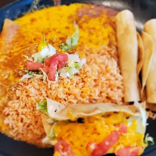 My 3-Item Combo Plate of Taquitos Pollo, Taco Machaca and Cheese Enchilada