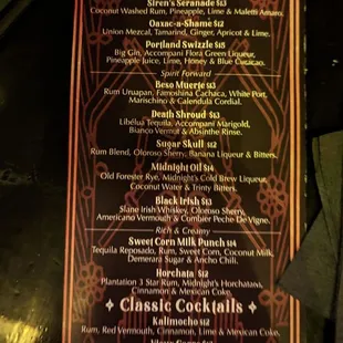 the menu for the night