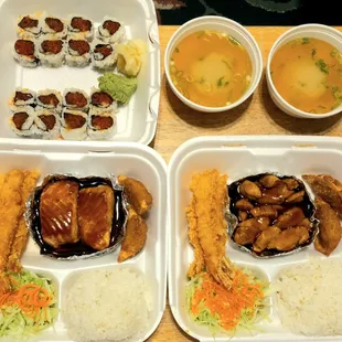 Salmon Teriyaki, Chicken Teriyaki, Spicy Tuna Roll, Miso Soup