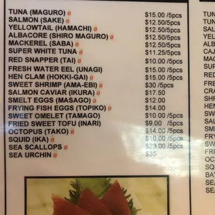 Menu sashimi