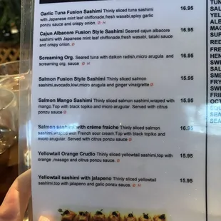Fusion style sashimi menu