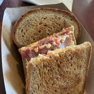 Grilled country Ham and pimento cheese sandwich on rye