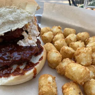 Gochu chicken sandwich with pimento cheese &amp; tots