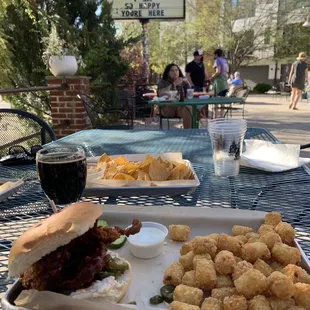 The nashville hot Fried chicken Sandwich w/tots +Marg +beer