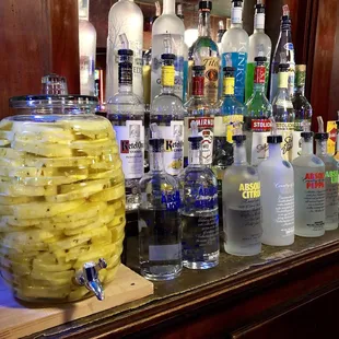 a variety of liquor bottles