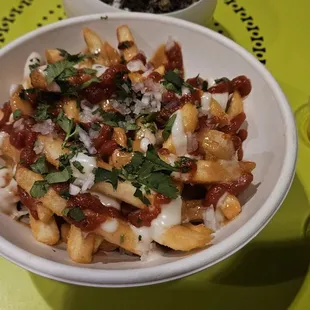 War Fries. Crispy, could use more peanut butter. Red and green salsas were superb.