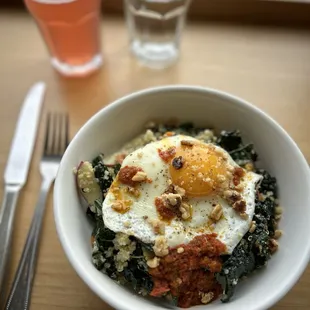 Brunch bowl with add on fried egg and kombucha