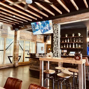 a restaurant with a bar and chairs