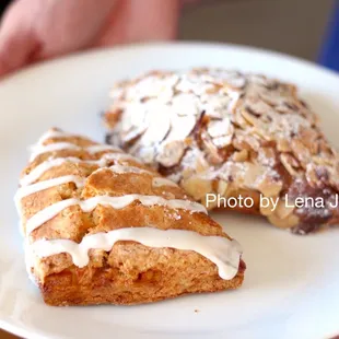 Seasonal Scone ($4, Candied Orange with Vanilla Drizzle), Almond Croissant ($6)