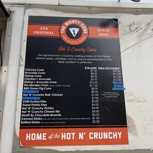 a menu for hot and creamy cones