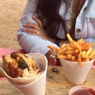Shrimp avocado &amp; chicken avocado cone with fries!