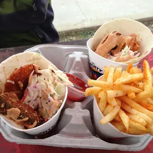 Chicken avocado cones with chili dusted fries and spicy house ketchup!