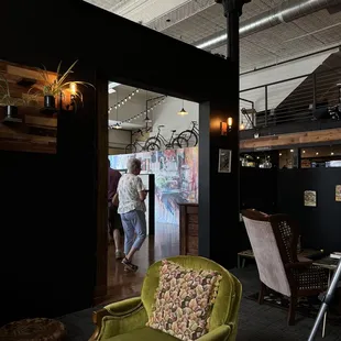 a green chair in the foreground