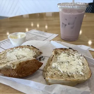 Cheese bagel with cream cheese &amp; Sweater Weather chai.