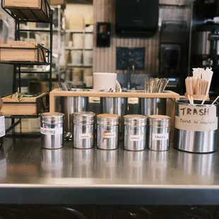 a variety of tins on a counter