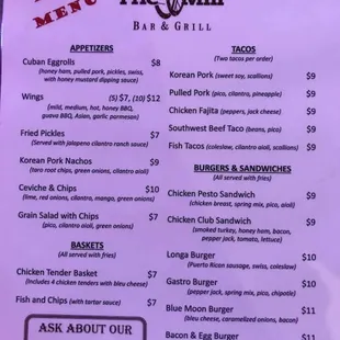 New menu at The Mill as of 5/1/2018.