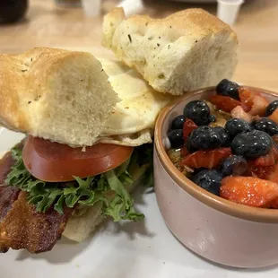 BLT + Avocado &amp; Egg on Focaccia, Fruit &amp; yogurt parfait