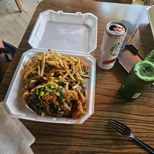 Asian pork belly w/rice, and french fries for our side!