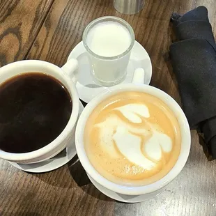 Americano with hot cream on the side and a latte.