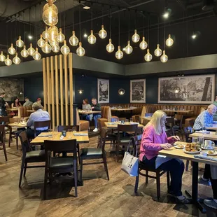 people sitting at tables in a restaurant