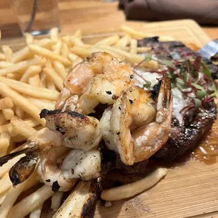 22 ox ribeye with Mexican white prawns