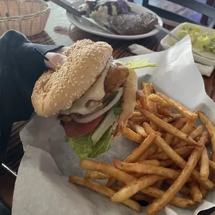 Crispy chicken sandwhich with fries