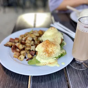 a plate of food and a drink
