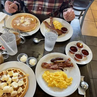 Our breakfast, pancake combo and banana pecan waffle combo.