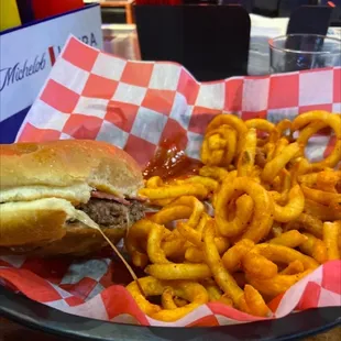 Single Mine Burger and curly fries