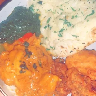 Lobster masala, vegetable pakora,  a little lamb saagwala and garlic naan. No complaints at all!