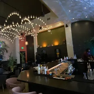a bar with a lot of lights hanging from the ceiling