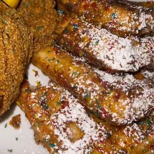 Fruit pebble French toast and fried catfish