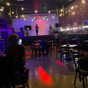 Stage for karaoke, open mic, spoken word