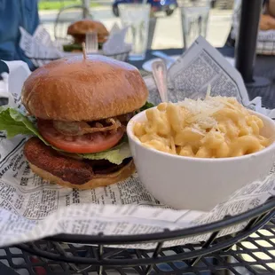 Spicy Mango Habanero Crispy Sandwich with a side of Mac &amp; Cheese