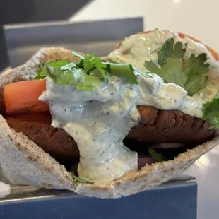 The Casablanca sandwich.  Excellent - grilled pita with falafel, tomatoes, red onion &amp; lettuce!  Definitely recommend!