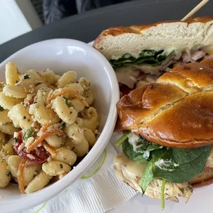 Pretzel Chicken Sando, with wonderful pasta salad on the side. Enough for 2!