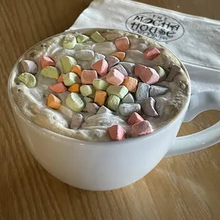 Vanilla Latte with Luck Charms marshmallows on top!