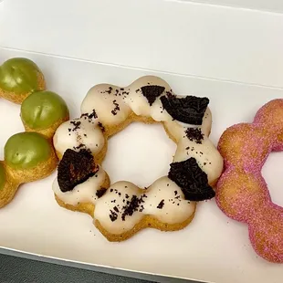 Matcha, cookies &amp; cream, ube mochi donuts