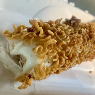 Crispy ramen mozzarella hot dog