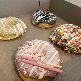 Earl grey, cookies and cream, strawberry pocky, and Fruity Pebbles