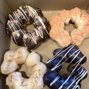Mochi donuts - choc peppermint, strawberry crunch, eggnog and ube
